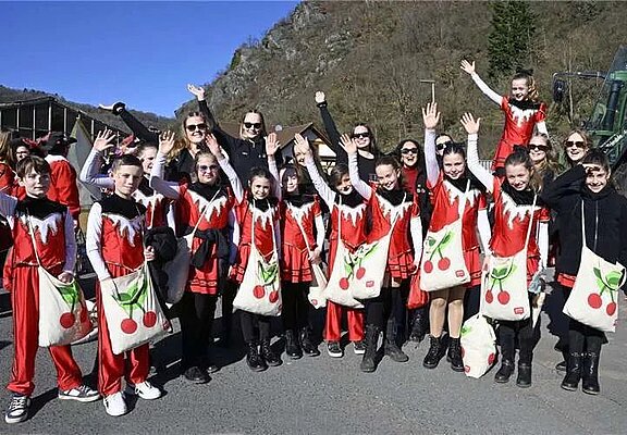 Fröhliche Teilnehmer des Rosenmontagszugs in Altenburg, Altenahr, feiern bunt verkleidet und mit Cherrytaschen.