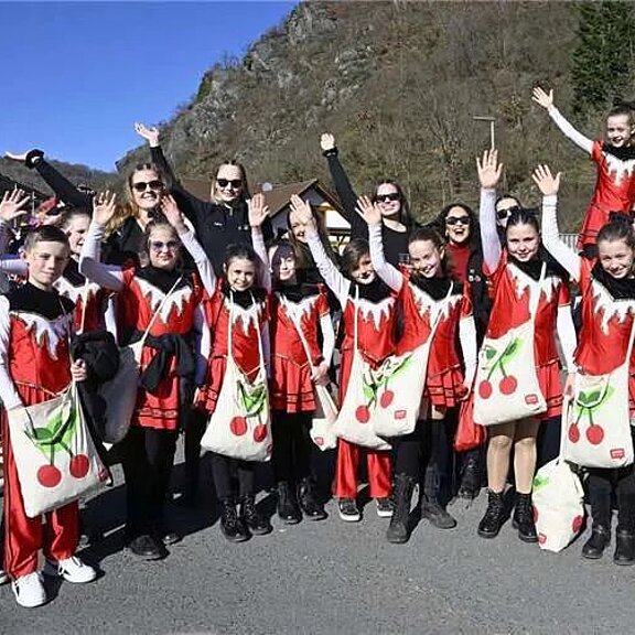 Fröhliche Teilnehmer des Rosenmontagszugs in Altenburg, Altenahr, feiern bunt verkleidet und mit Cherrytaschen.