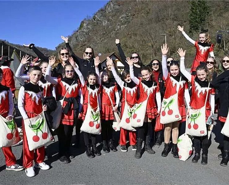Fröhliche Teilnehmer des Rosenmontagszugs in Altenburg, Altenahr, feiern bunt verkleidet und mit Cherrytaschen.